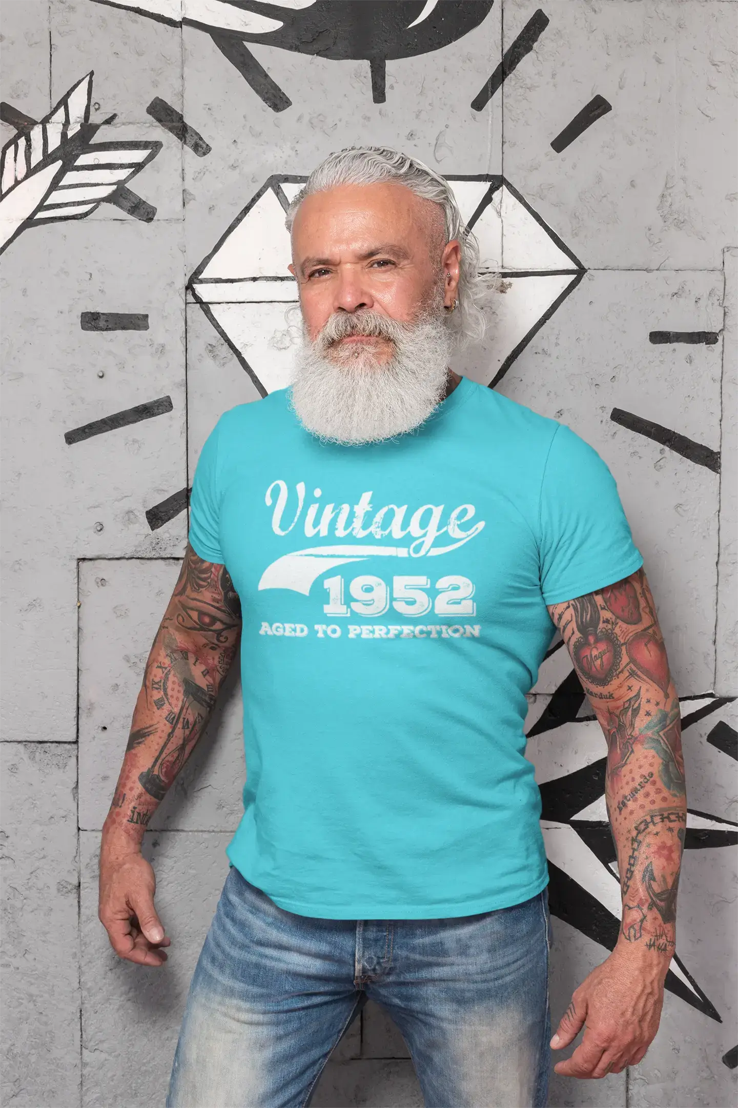 1952 Vintage Aged to Perfection, Bleu, T-shirt à manches courtes et col rond pour homme 00291