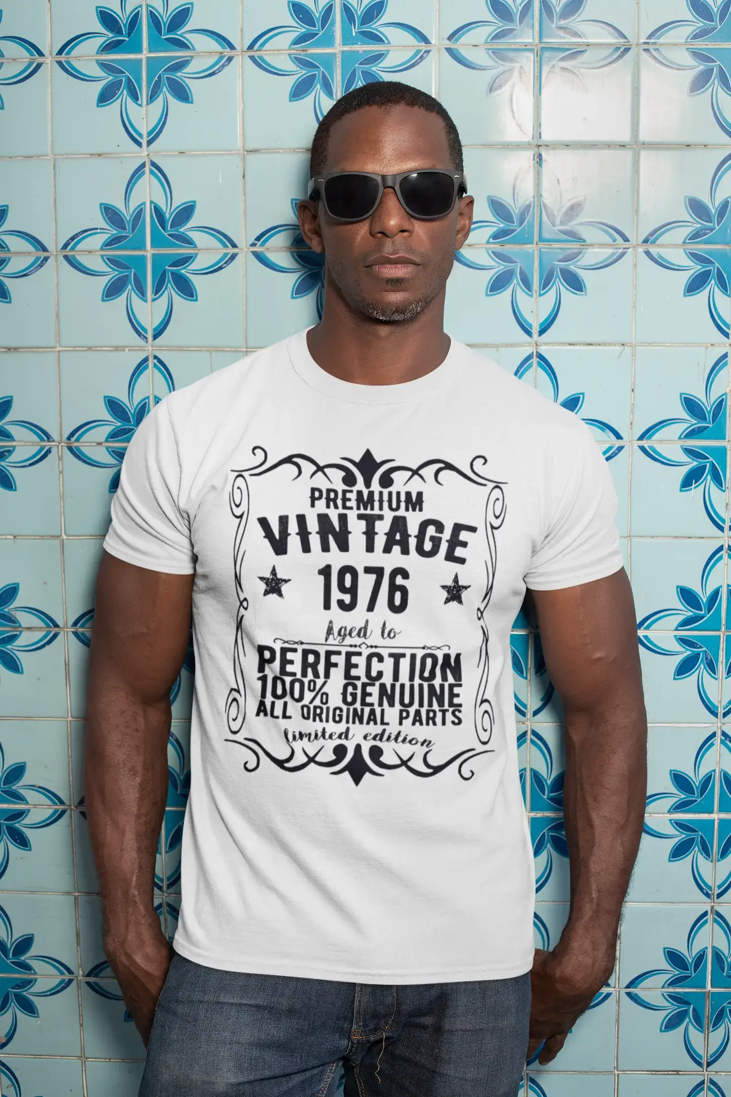 Premium Vintage année 1976, blanc, T-shirt à manches courtes et col rond pour hommes, t-shirt cadeau 00349