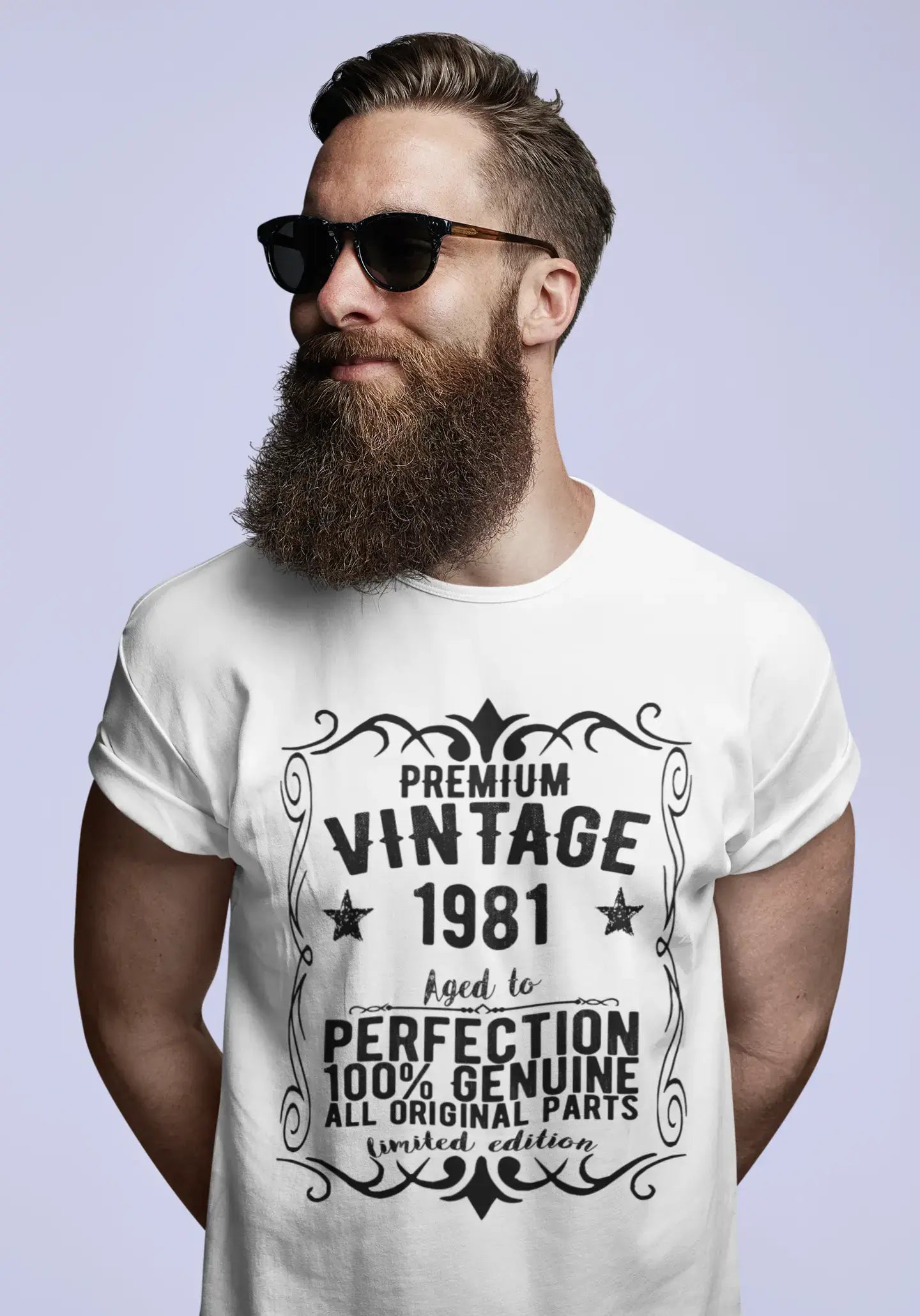Premium Vintage année 1981, blanc, T-shirt à manches courtes et col rond pour hommes, t-shirt cadeau 00349