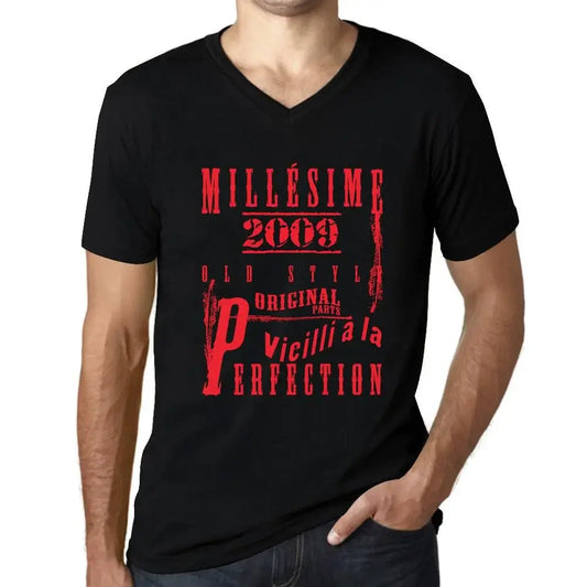 Men's Graphic T-Shirt V Neck Vintage Aged to Perfection 2009 – Millésime Vieilli à la Perfection 2009 – 15th Birthday Anniversary 15 Year Old Gift 2009 Vintage Eco-Friendly Short Sleeve Novelty Tee