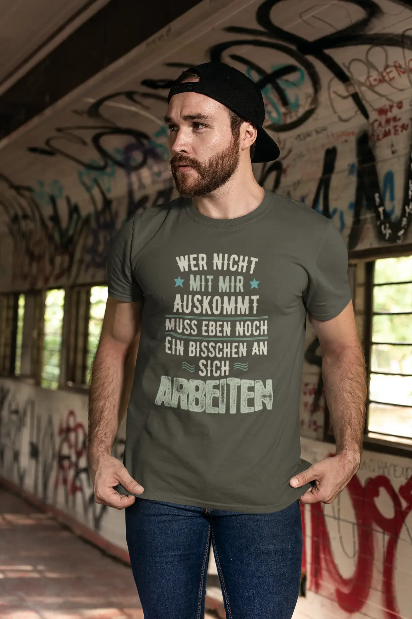 Men’s Graphic T-Shirt Wer Nicht mit Mir Auskommt Military Green Gift Idea