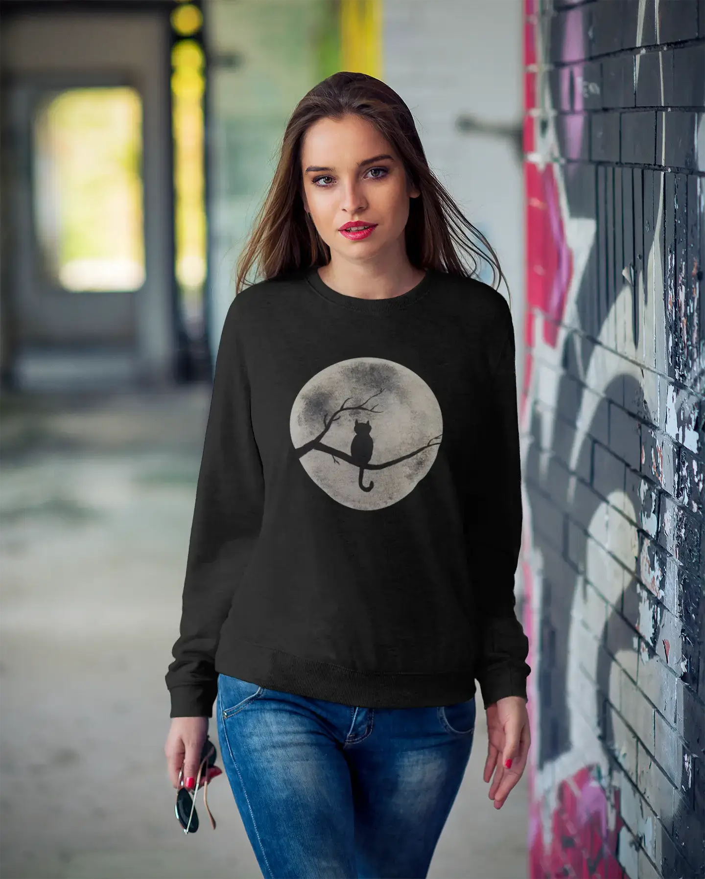 ULTRABASIC Damen-Sweatshirt Funny Cat Moon – süßer Kitty-Pullover für Damen