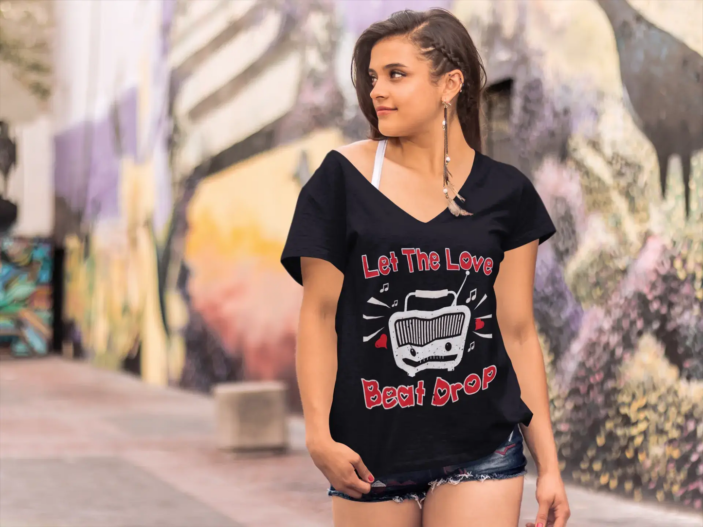 ULTRABASIC Damen T-Shirt Let the Love Beat Drop – Lustiges Valentinstag-Musik-T-Shirt