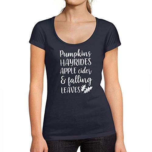 Ultrabasic - Tee-Shirt Femme col Rond Décolleté Pumpkins Hayrides Apple Cider and Falling Leaves French Marine