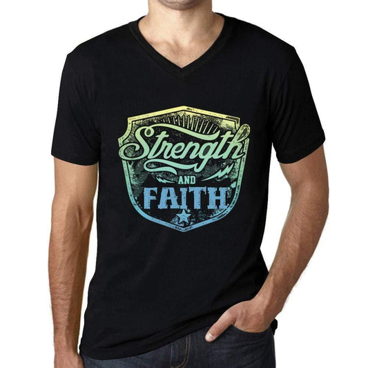 Herren T-Shirt Graphique Imprimé Vintage Col V Tee Strength and Faith Noir Profond