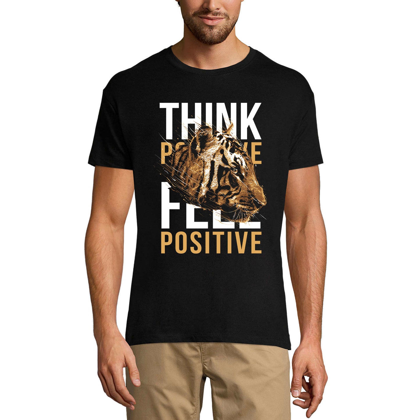 ULTRABASIC Men's Graphic T-Shirt Think Positive Feel Positive - Quote Tiger Shirt