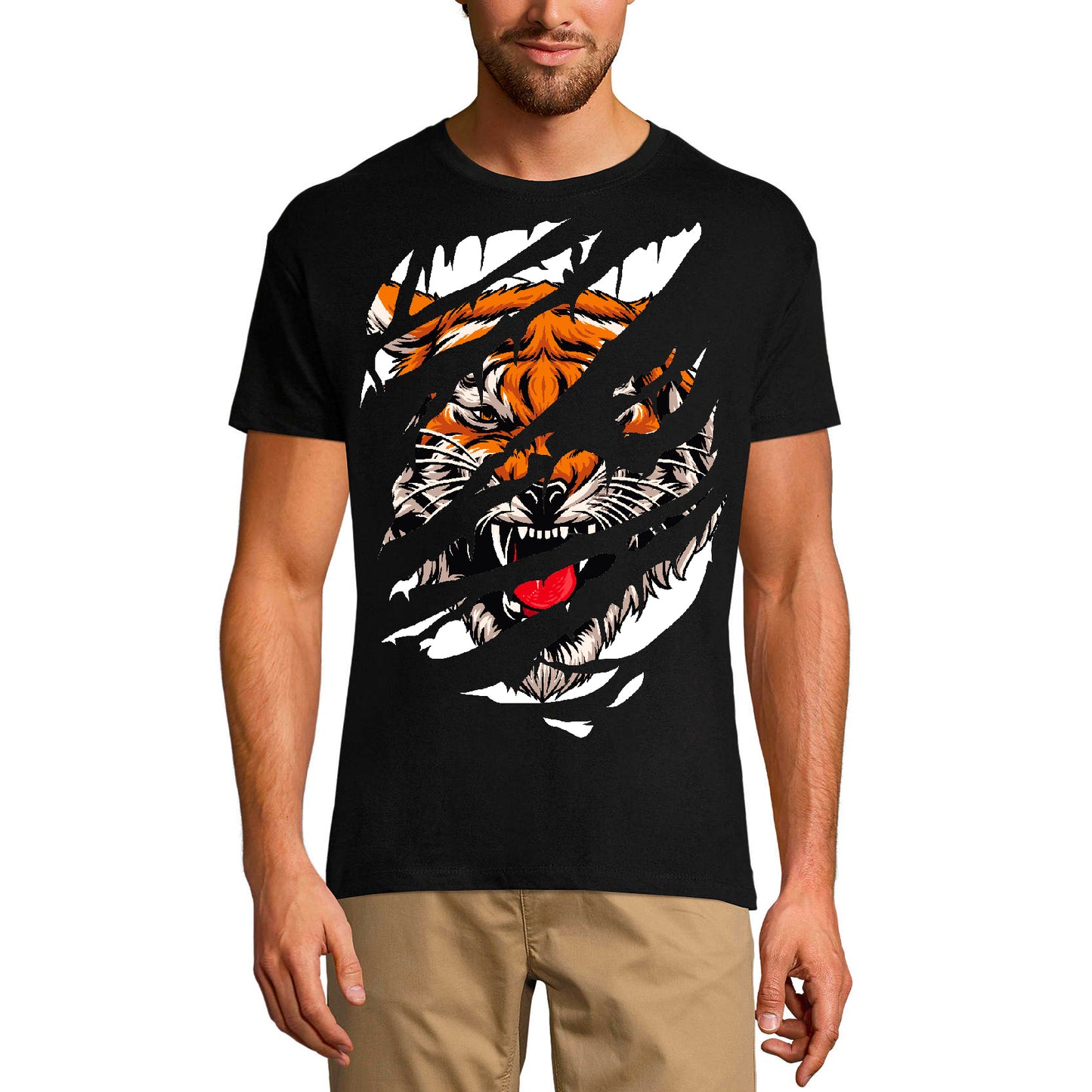 ULTRABASIC Men's Torn T-Shirt Angry Tiger Face - Short Sleeve Shirt for Men