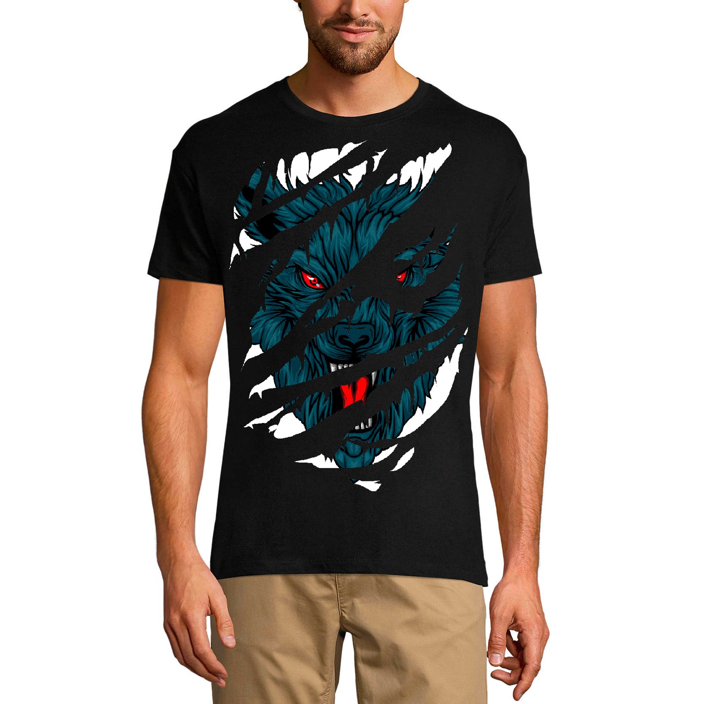 ULTRABASIC Herren zerrissenes T-Shirt Angry Wolf – Rote Augen – Kurzarmshirt