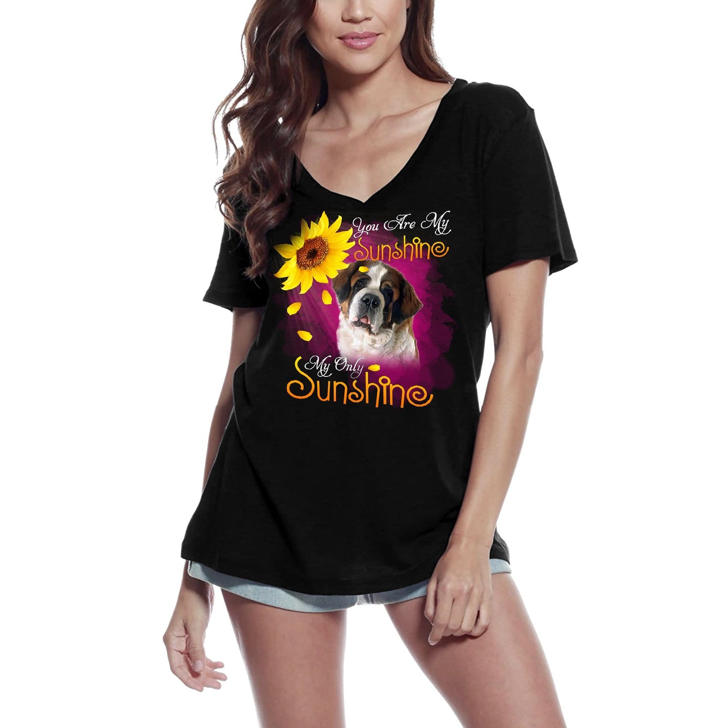 ULTRABASIC Damen-T-Shirt mit V-Ausschnitt My Only Sunshine – Saint Bernard – Vintage-Shirt
