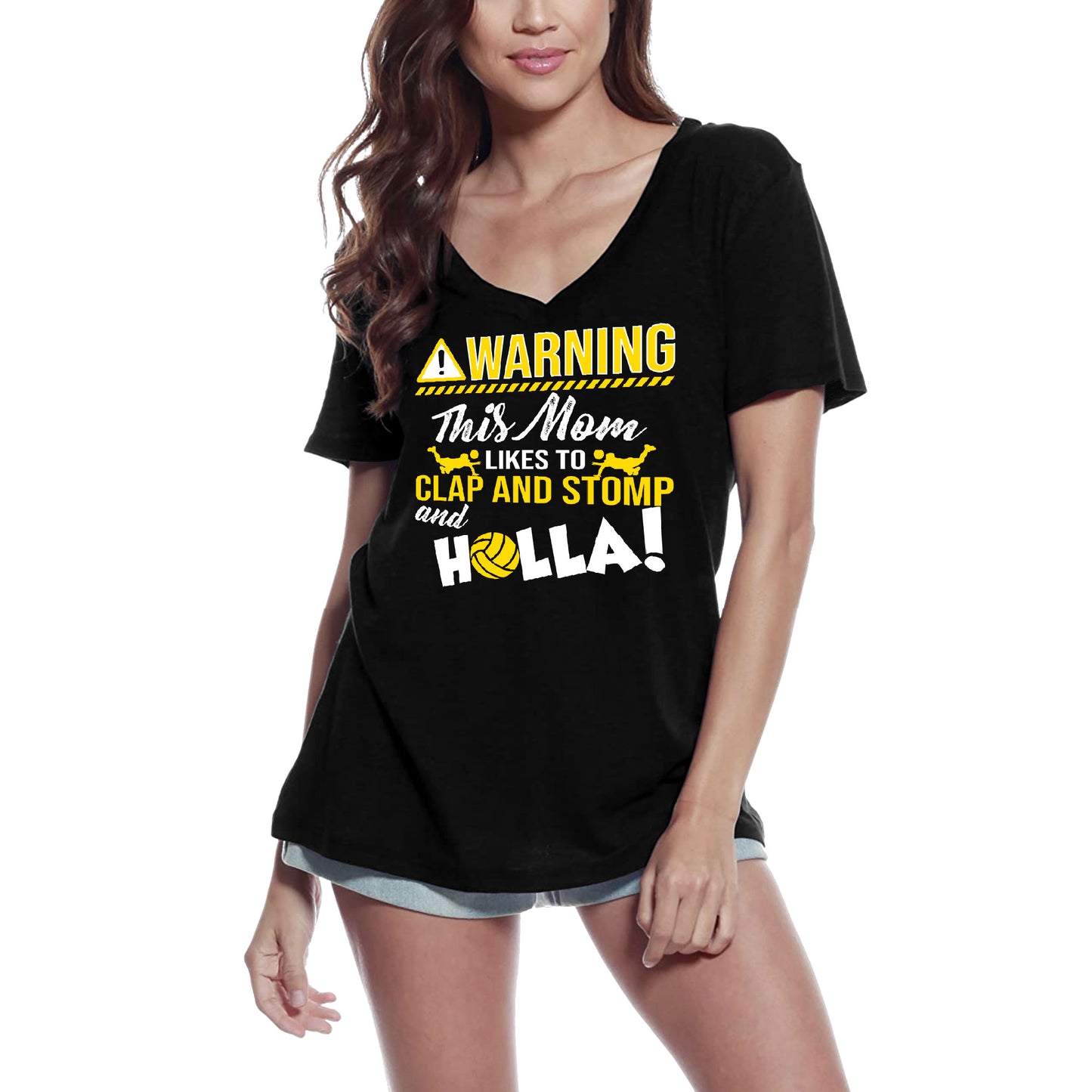ULTRABASIC Damen-T-Shirt mit V-Ausschnitt. Warnung: Diese Mutter klatscht und stampft gerne – lustiges Zitat