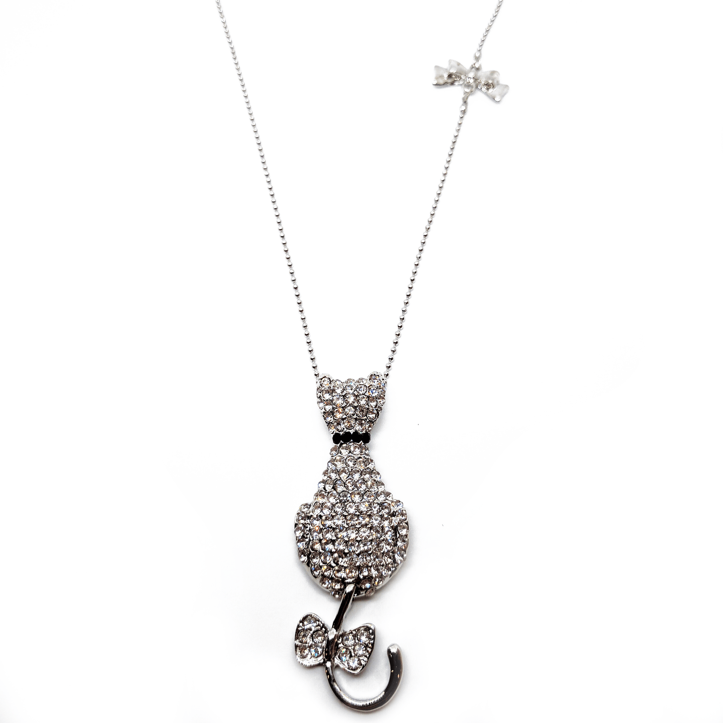 Collier Sautoir Chaîne Couleur Argent Pendentif Chat Et Noeud Strass - Collier