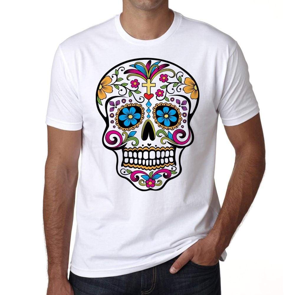 Day Of The Dead Skull White 1 Mens White Tee 100% Cotton 00187