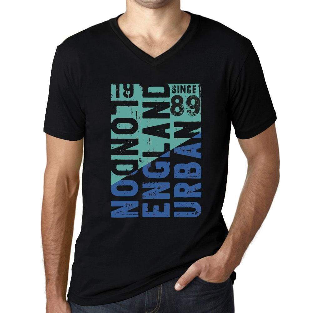 Mens Vintage Tee Shirt Graphic T Shirt V Neck London Since 89 Deep Black - Black / S / Cotton - T-Shirt