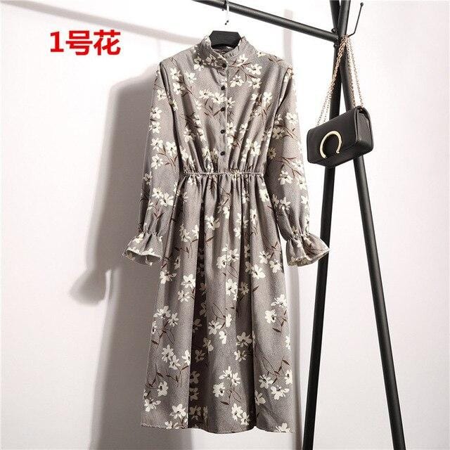 Autumn Dress Women 2019 Corduroy Plus Size Long Sleeve Cotton Dresses Floral Cherry Shirt Tunic Winter Harajuku Mori Party Dress