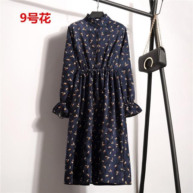 Automne robe femmes 2019 velours côtelé grande taille à manches longues robes en coton chemise florale cerise tunique hiver Harajuku Mori robe de soirée