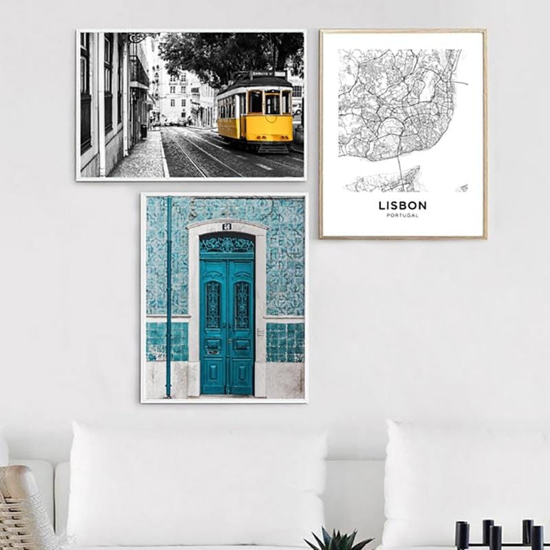 Affiche de carte de ville de lisbonne, Portugal, imprimés, carreaux portugais, porte bleue, peinture sur toile murale Vintage, photographie de ville, décor de maison