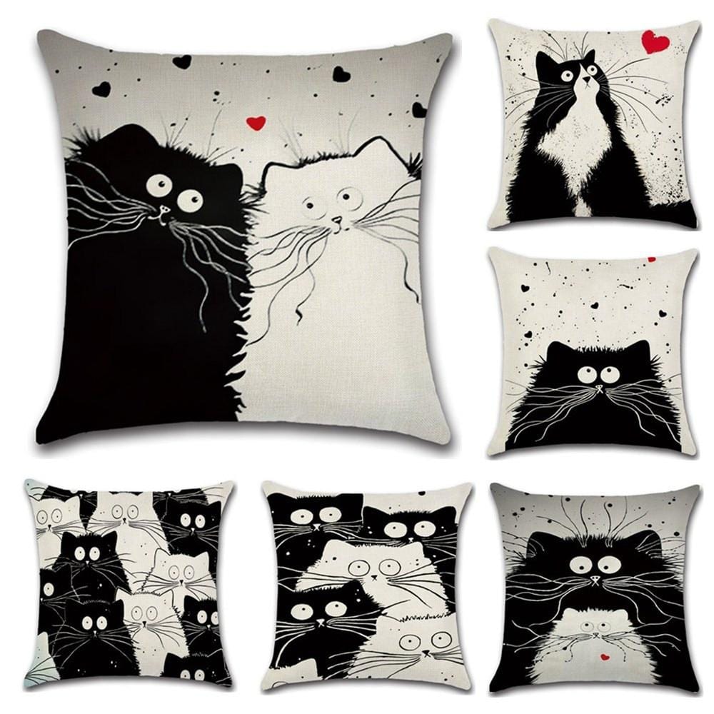 New Cartoon Cat Linen Cushion Cover 45X45cm Pillow Case Home Decorative Pillows Cover For Sofa Car Cojines