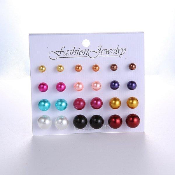 12 Pairs/set Stud Earrings Set With Card Transparent Zircon Balls Love Flowers Earrings Women Imulated Pearl Earrings Jewelry