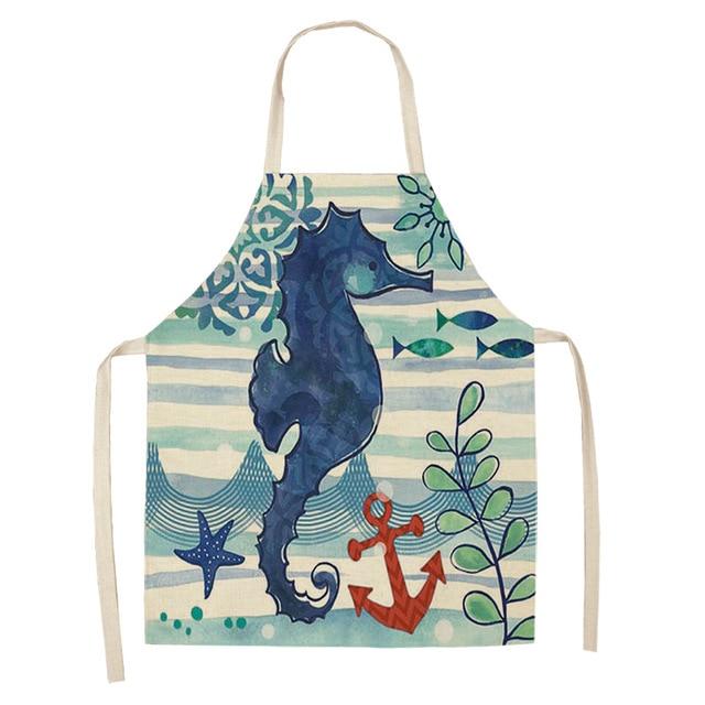 Marine Animals Printed Kitchen Aprons for Women Kids Sleeveless Cotton Linen Bibs Cooking Baking Cleaning Tools 53*65cm GT1299