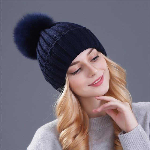 XThree Nerz- und Fuchsfell-Kugelmütze mit Pompons, Wintermütze für Damen und Mädchen, gestrickte Mützen, brandneue dicke Damenmütze