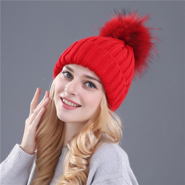 XThree Nerz- und Fuchsfell-Kugelmütze mit Pompons, Wintermütze für Damen und Mädchen, gestrickte Mützen, brandneue dicke Damenmütze