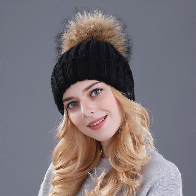 XThree Nerz- und Fuchsfell-Kugelmütze mit Pompons, Wintermütze für Damen und Mädchen, gestrickte Mützen, brandneue dicke Damenmütze