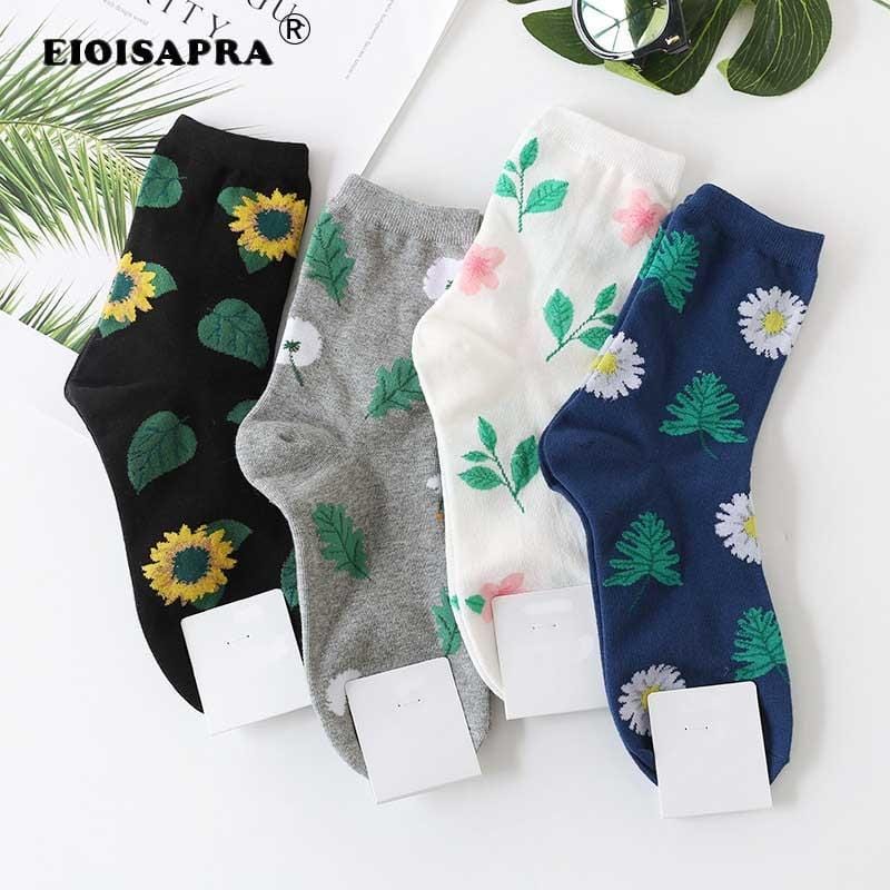 Mignon Jacquard/plantes fleurs motif impression Art chaussettes femmes pissenlit/tournesol chaussettes mode doux Calcetines Sokken