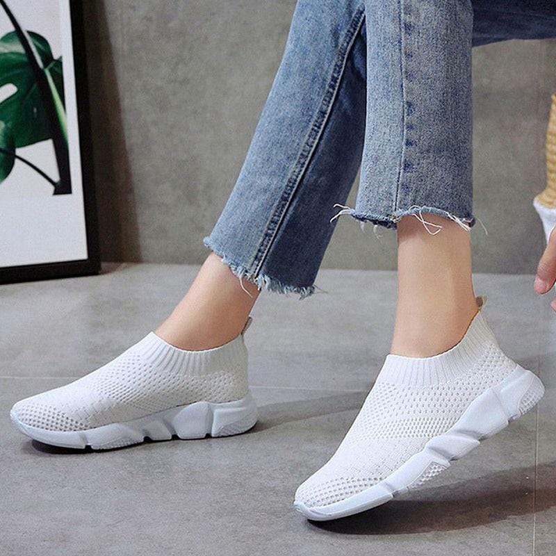 Women Shoes 2020 New Flyknit Sneakers Women Breathable Slip On Flat Shoes Soft Bottom White Sneakers Casual Women Flats Krasovki-Shoes-Ultrabasic