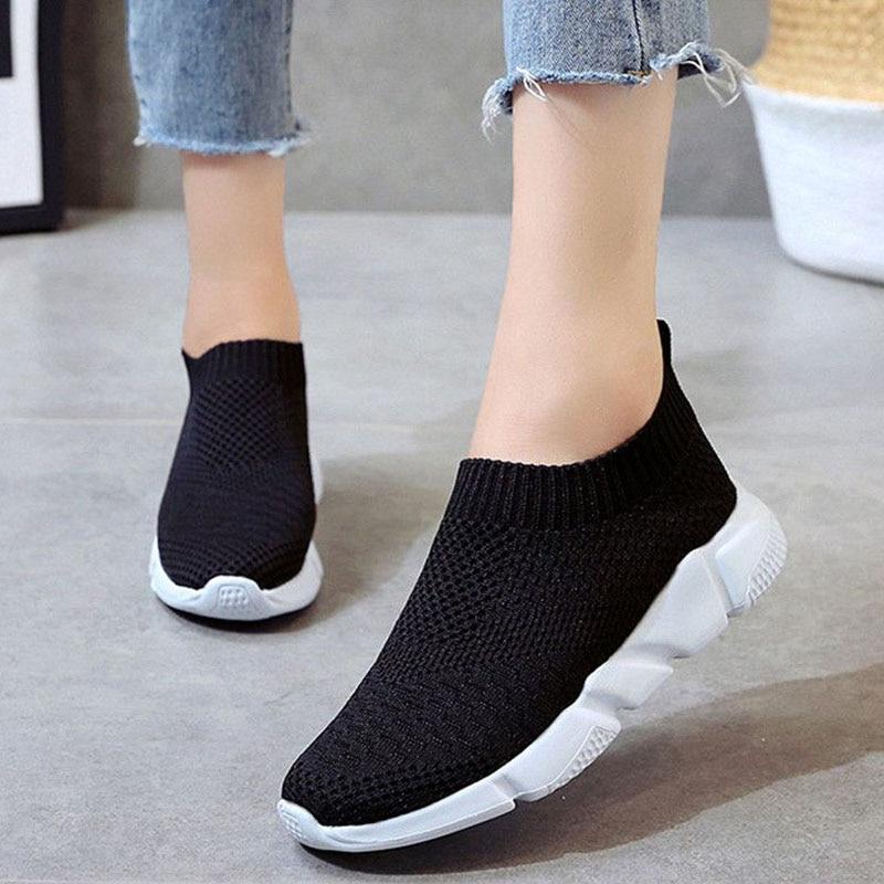 Women Shoes 2020 New Flyknit Sneakers Women Breathable Slip On Flat Shoes Soft Bottom White Sneakers Casual Women Flats Krasovki-Shoes-Ultrabasic