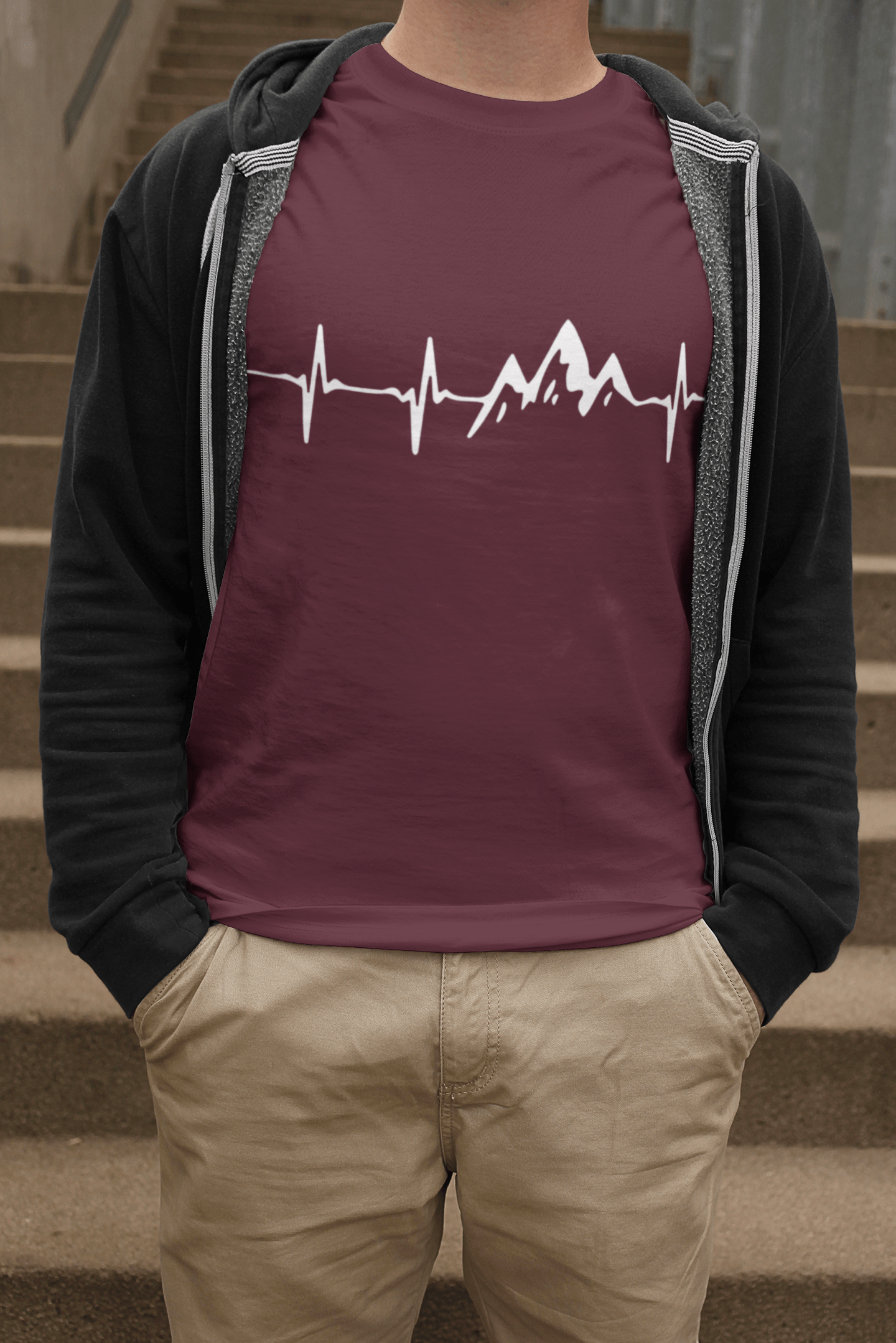 ULTRABASIC - Graphic Printed Men's Mountain Heartbeat T-Shirt Burgundy