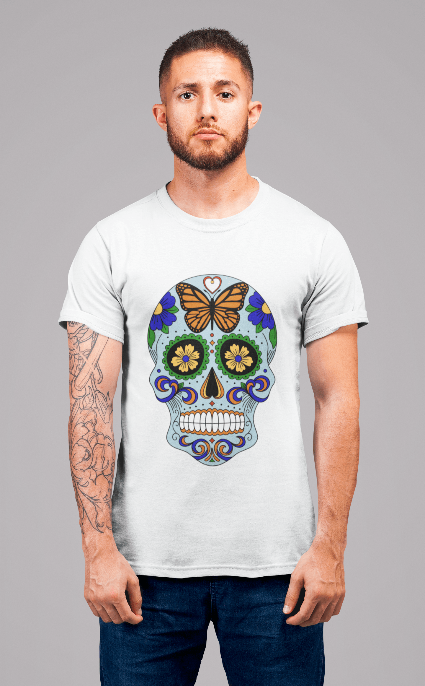 Day of the dead skull blue, Men's White tee, 100% Cotton 00187