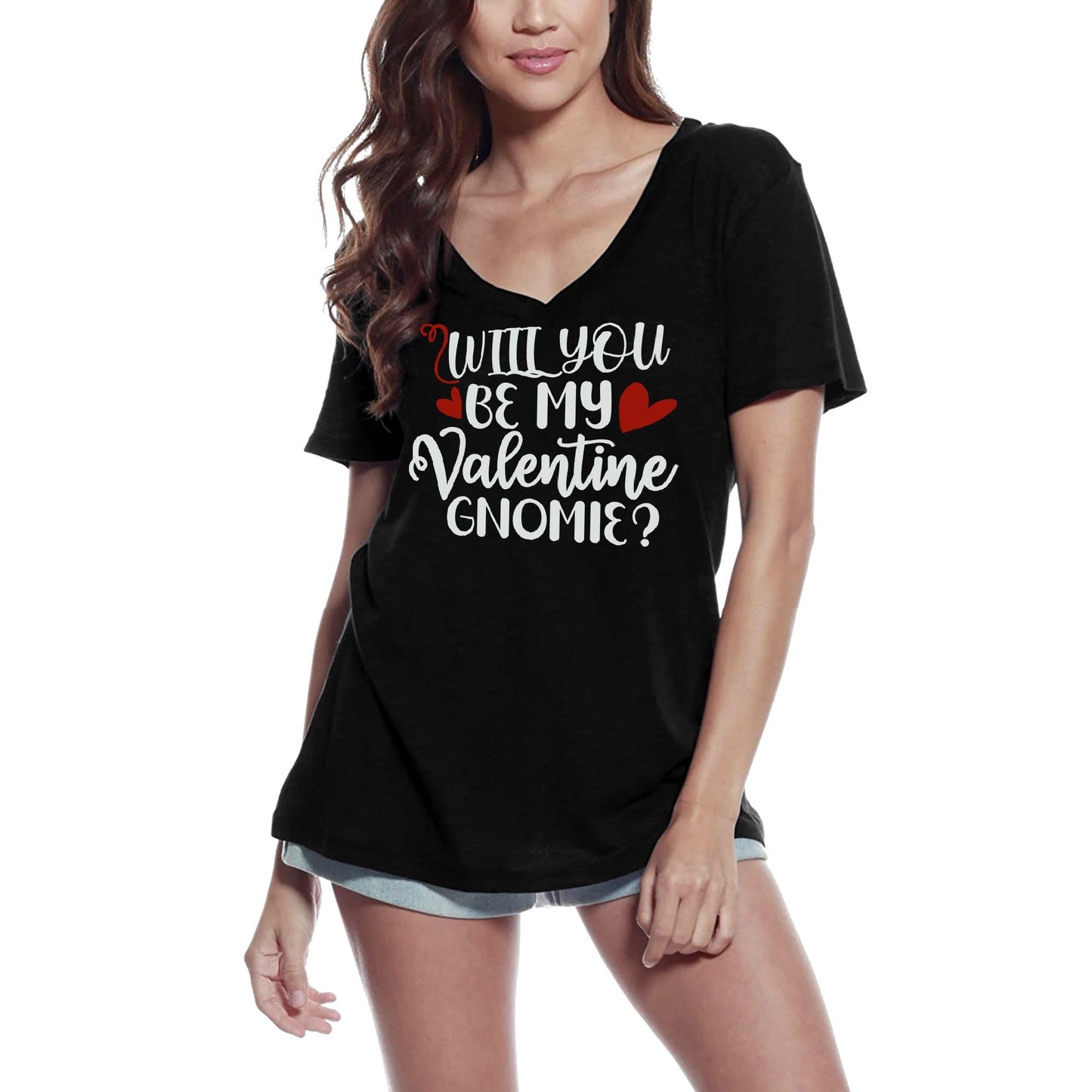 ULTRABASIC Women's V Neck T-Shirt Will You Be My Valentine Gnomie - Romantic Quote