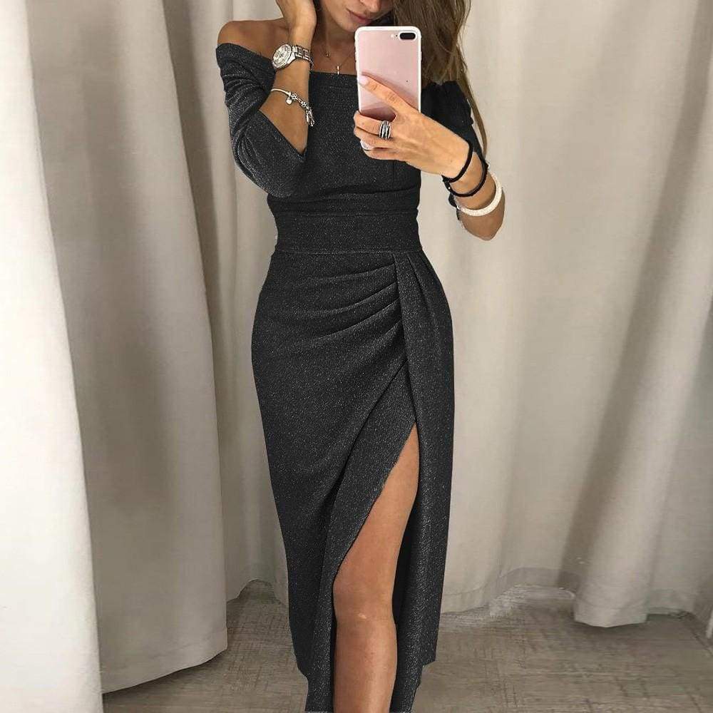 Women Off Shoulder High Slit Bodycon Dress Long Sleeve Dresses - Black / L